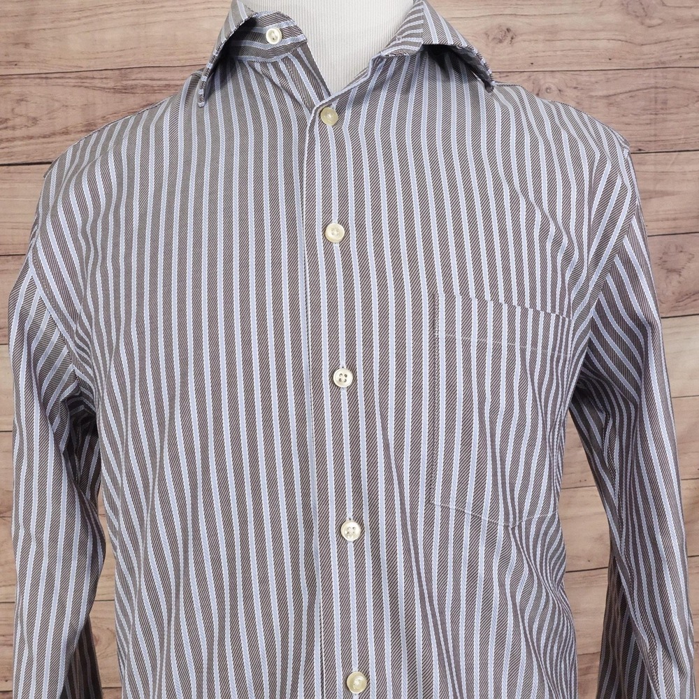 Egara Dress Shirt 16.5 L‎ Brown Stripe Modern Fit Non-Iron Long Sleeve